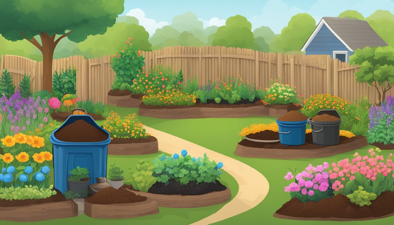 A colorful and vibrant garden with various composting bins and tools, surrounded by a diverse array of plants and flowers. A signpost displaying "Additional Resources and Support guide to composting in Garland, TX" is visible in the background