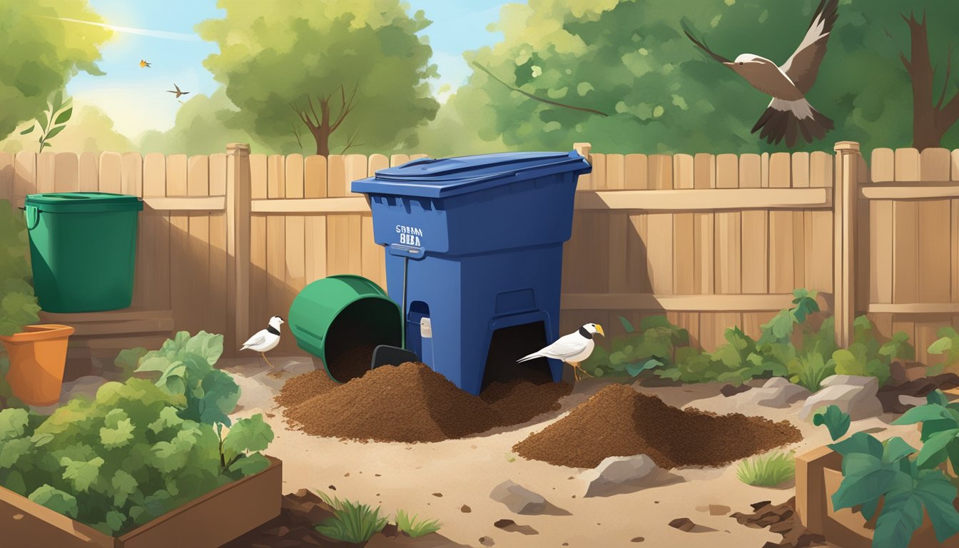 A backyard in Denton, TX with a compost bin surrounded by kitchen scraps, yard waste, and a shovel. The sun is shining, and birds are perched nearby