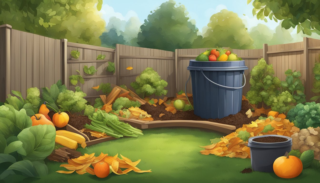 A backyard with a compost bin surrounded by a variety of organic materials such as fruit peels, vegetable scraps, and yard waste