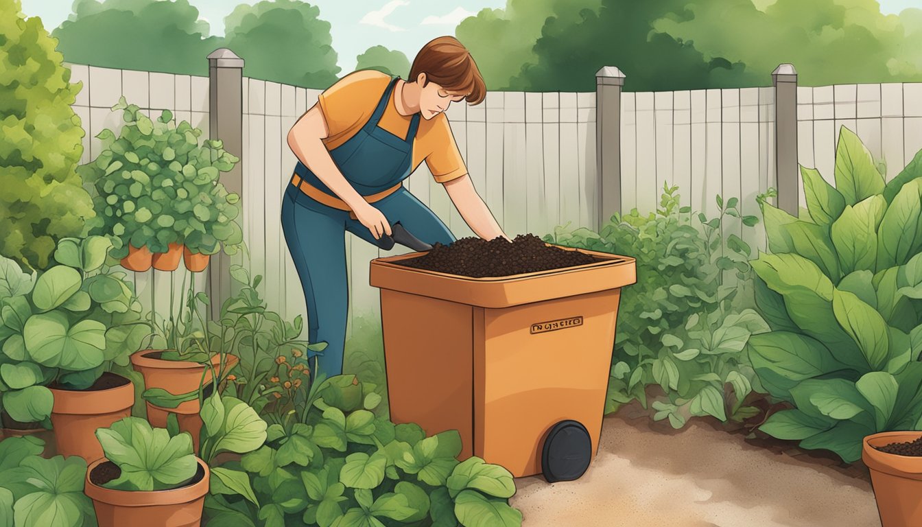 A person adding kitchen scraps to a compost bin in a backyard garden in Denton, TX. The bin is surrounded by green plants and there is a sense of eco-friendly activity