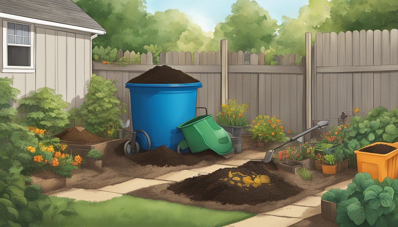 A backyard in Denton, TX with a compost bin, garden tools, and a variety of organic waste being added to the compost pile