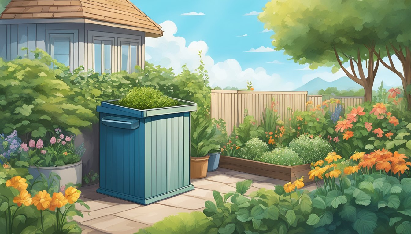 A lush garden with a compost bin, various plants, and a clear blue sky in the background