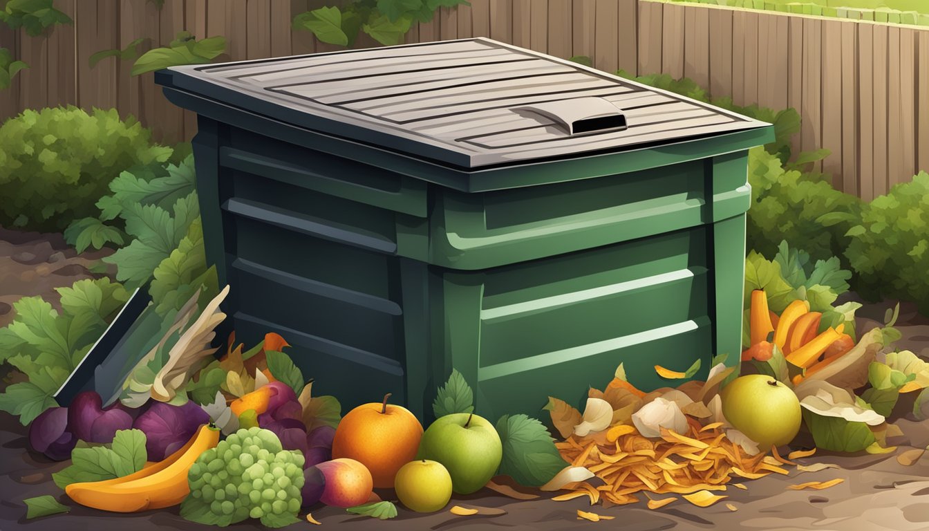 A backyard compost bin surrounded by a variety of organic waste, including fruit peels, vegetable scraps, and yard clippings