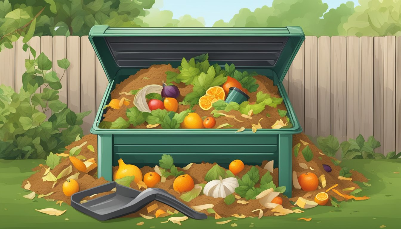 A backyard compost bin surrounded by various organic waste materials, such as fruit peels, vegetable scraps, and yard clippings, with a small shovel nearby