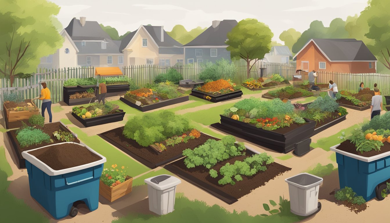 A bustling community garden with various composting bins and a diverse array of organic waste being added to the compost piles