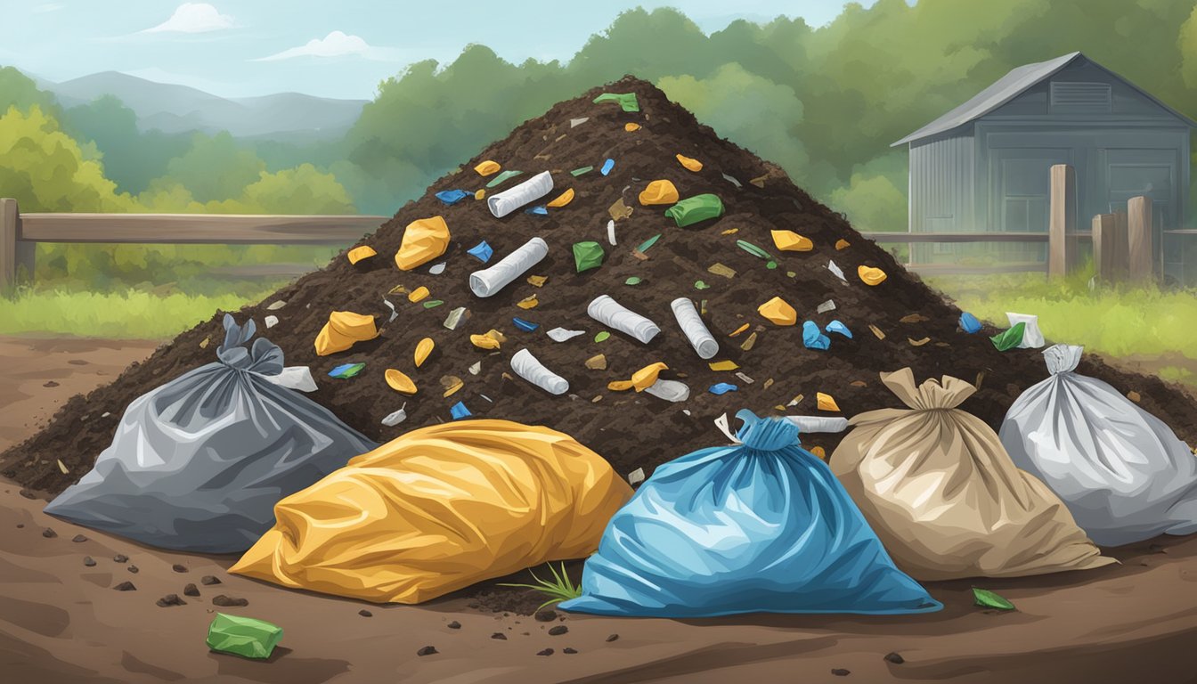 A pile of compost with visible materials to avoid: plastic bags, glass, metal, and synthetic fabrics