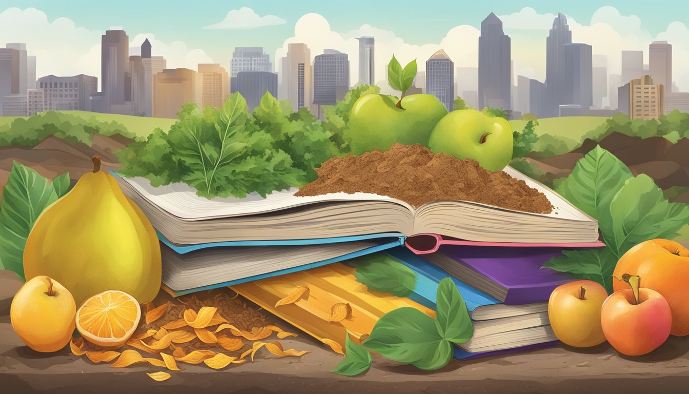 A colorful guidebook surrounded by a variety of composting materials such as fruit peels, leaves, and soil, with a backdrop of a Denton, TX skyline