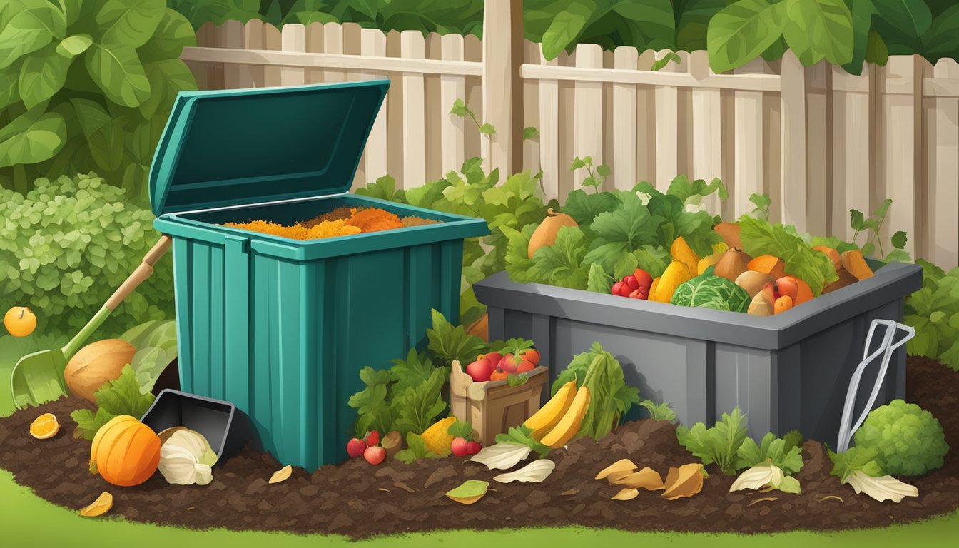 A backyard compost bin surrounded by a variety of organic waste, such as fruit and vegetable scraps, leaves, and grass clippings, with a shovel and pitchfork nearby