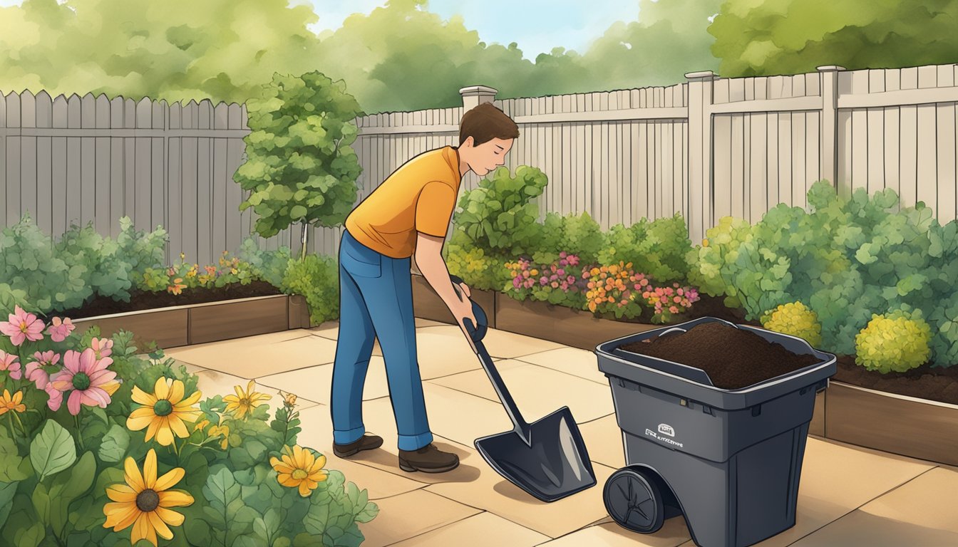 A sunny garden in Irving, TX with a compost bin, shovel, and various plant materials being mixed together