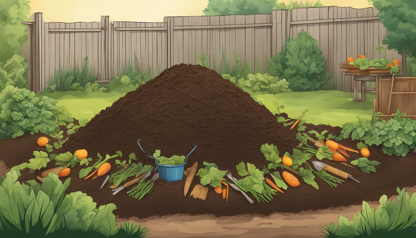 A backyard compost pile surrounded by a mix of green and brown organic materials, with a pitchfork nearby for turning