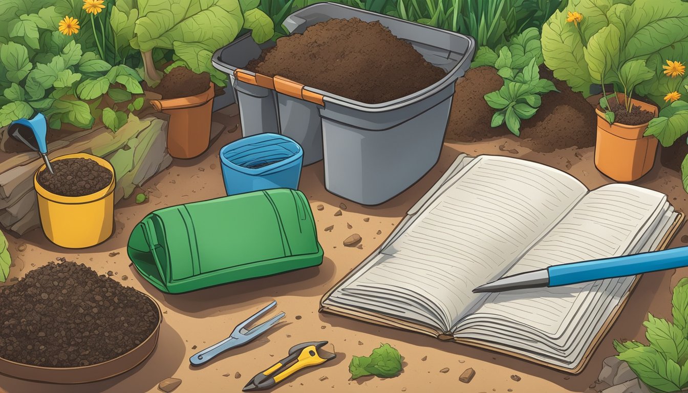 A colorful guidebook surrounded by various composting materials and tools, set against the backdrop of a lush garden in Irving, TX