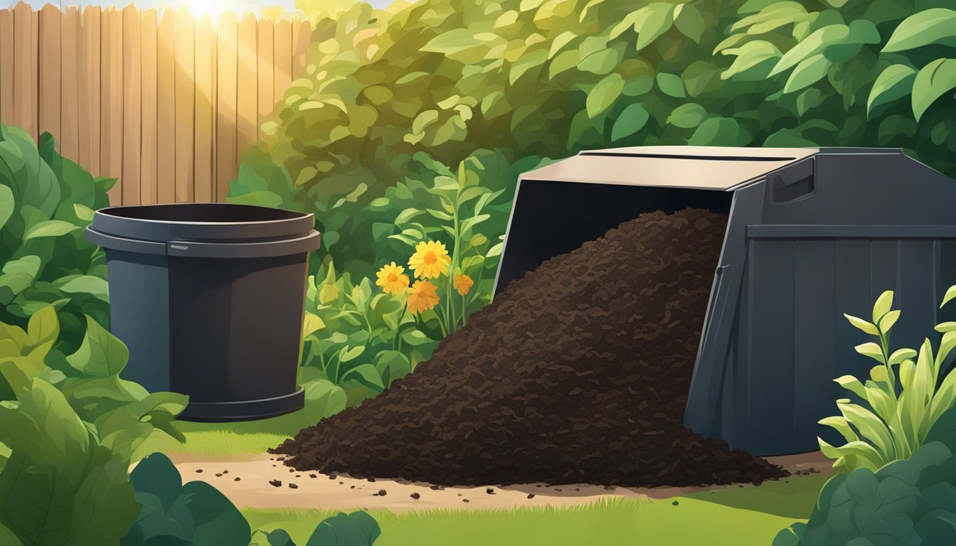 A pile of rich, dark compost sits in a backyard surrounded by green plants and a composting bin. The sun shines down on the thriving garden