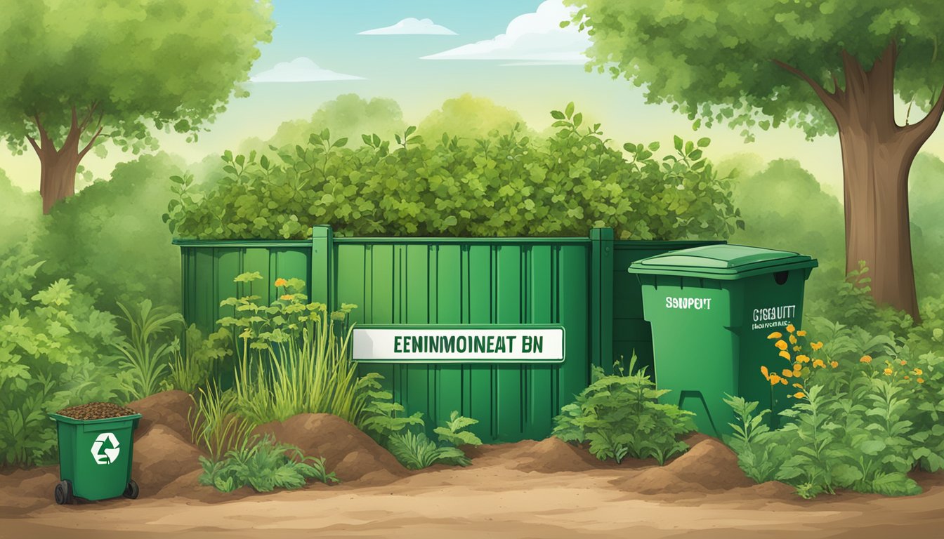 A compost bin surrounded by greenery, with a sign displaying environmental regulations in Mesquite, TX