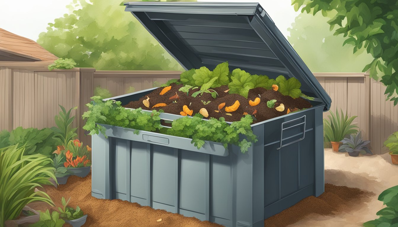 A backyard compost bin surrounded by greenery in Fort Worth, Texas. The bin is filled with a mix of food scraps, yard waste, and soil, with worms visible at work