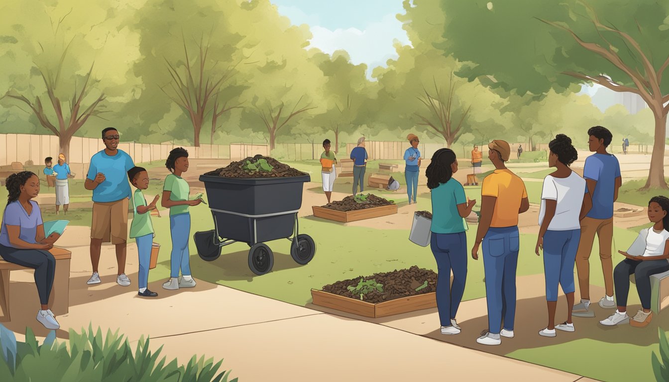 A group of diverse community members gather in a park, surrounded by bins of compost and educational materials, as they learn about the importance of composting in Mesquite, TX