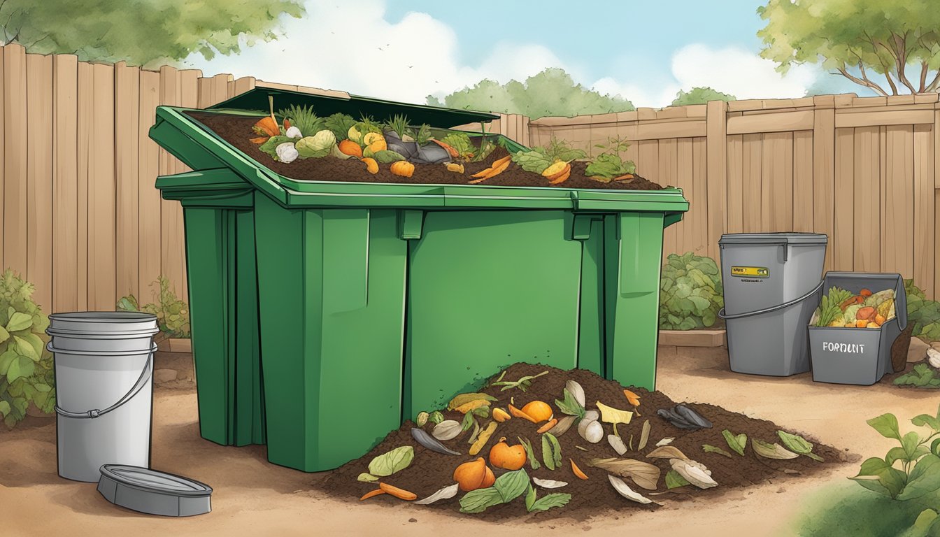 A diverse array of organic waste, including food scraps, yard trimmings, and paper products, is being transformed into nutrient-rich compost in a backyard composting bin in Fort Worth, Texas