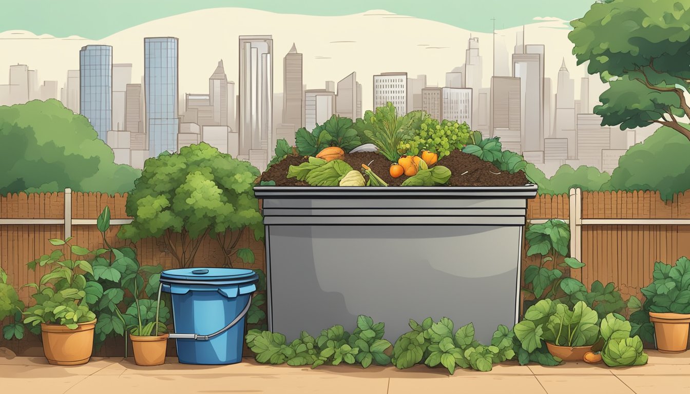 A backyard compost bin surrounded by greenery and filled with layers of organic waste, with a city skyline in the background