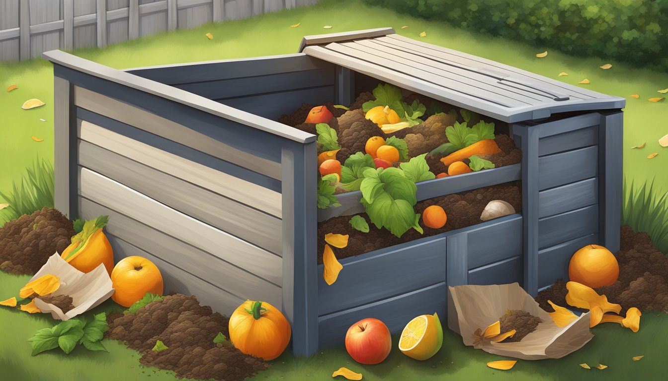 A backyard compost bin surrounded by various organic materials like fruit peels, vegetable scraps, leaves, and grass clippings in League City, TX