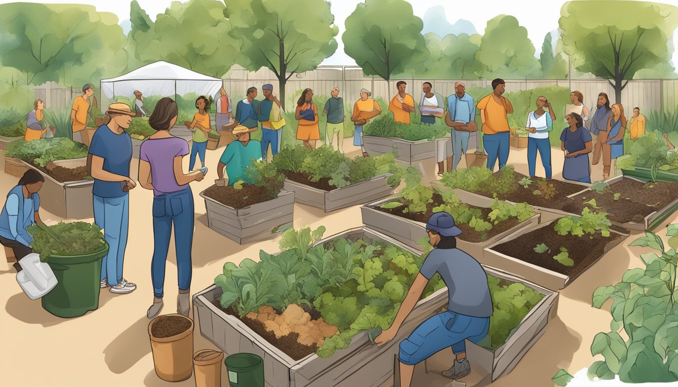 A group of people attending a workshop on composting in a community garden, surrounded by bins and piles of compostable materials