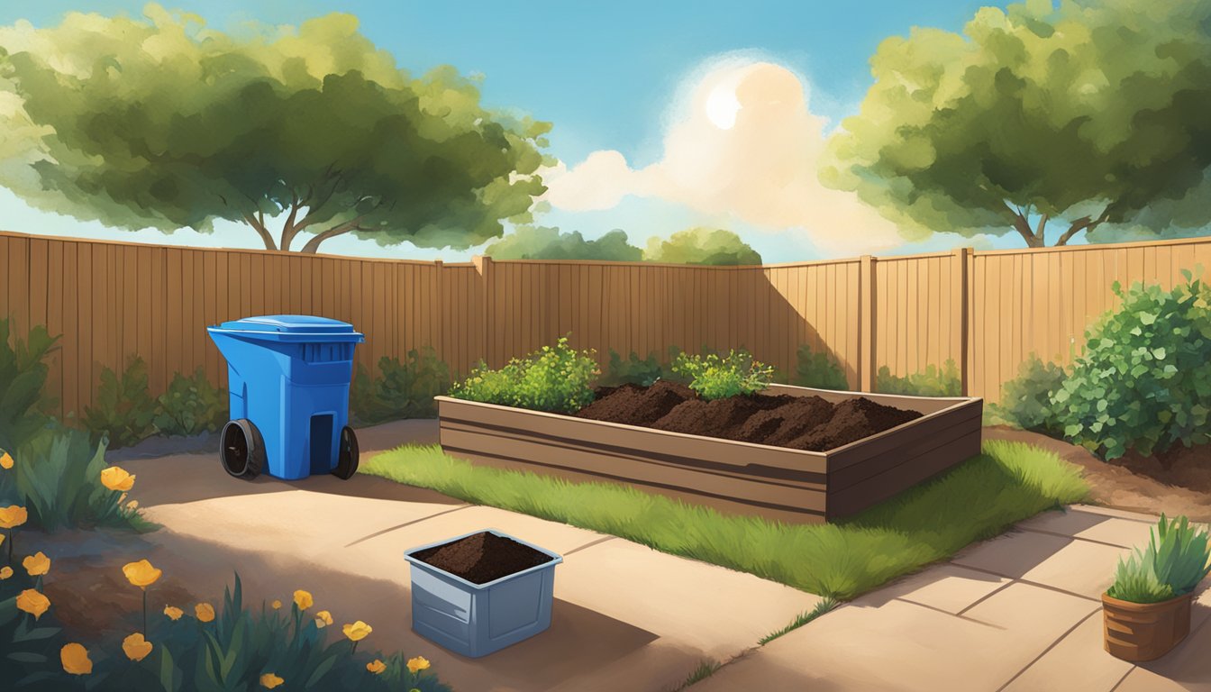 A backyard in Odessa, TX with a compost bin, shovel, and various organic waste materials being layered inside. Sunshine and blue skies overhead