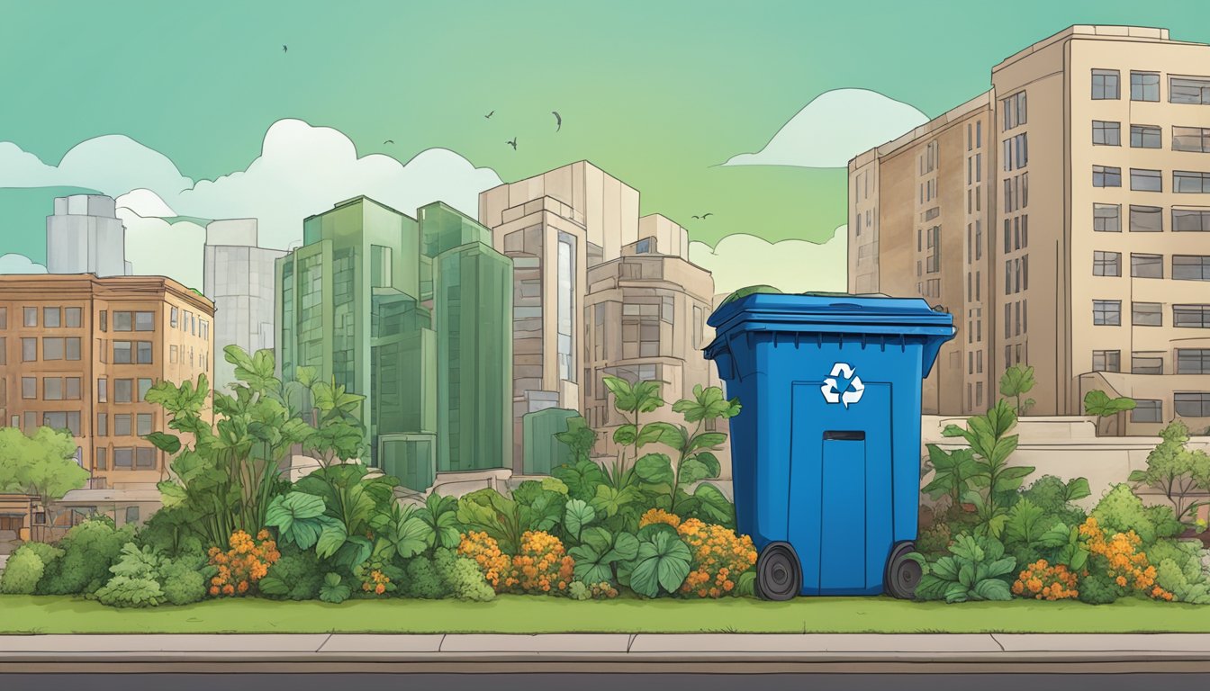 A cityscape with a compost bin, greenery, and a recycling symbol in Fort Worth, TX