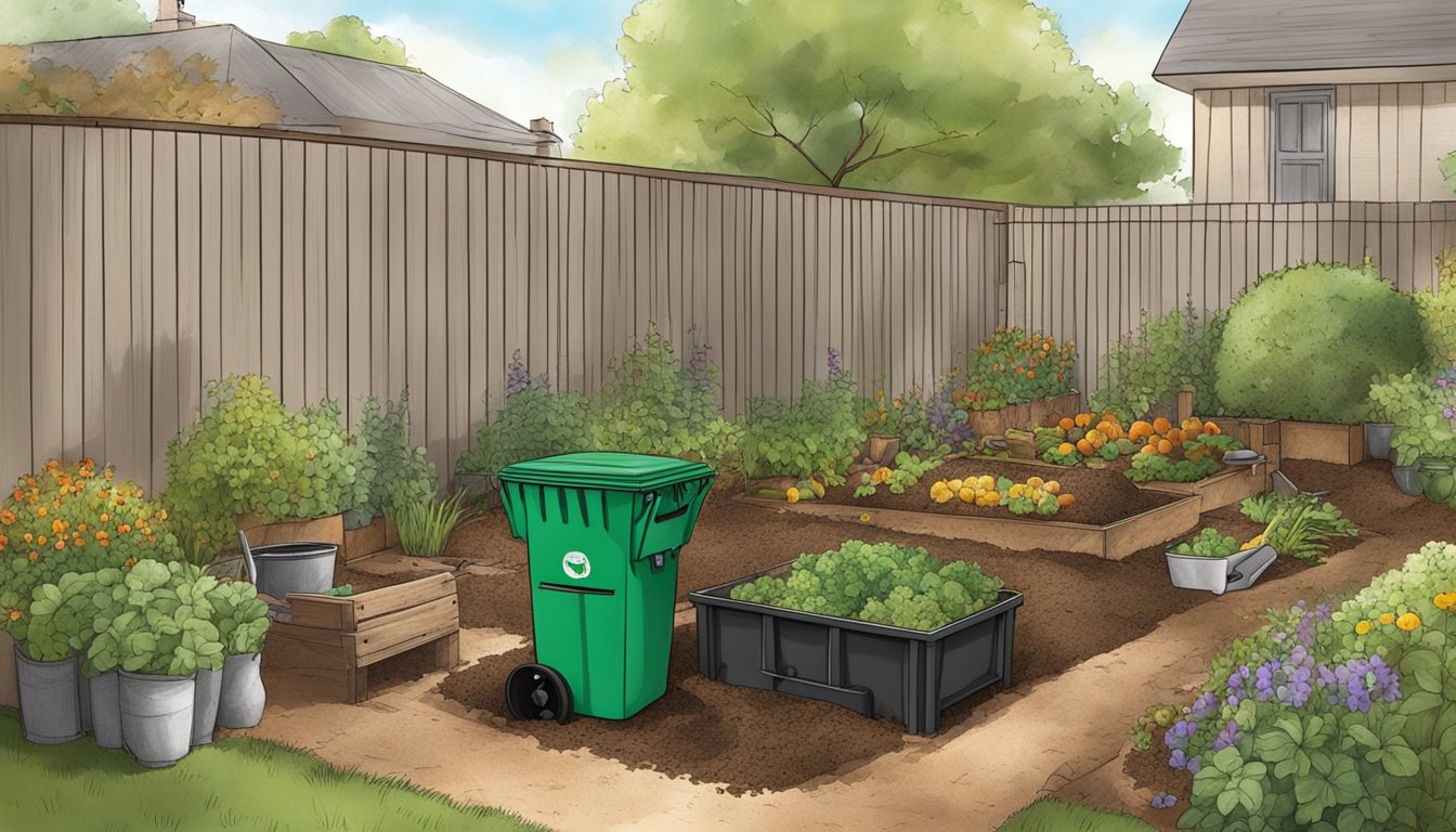 A backyard composting setup with a bin, shovel, and various organic materials, surrounded by a garden in Odessa, TX