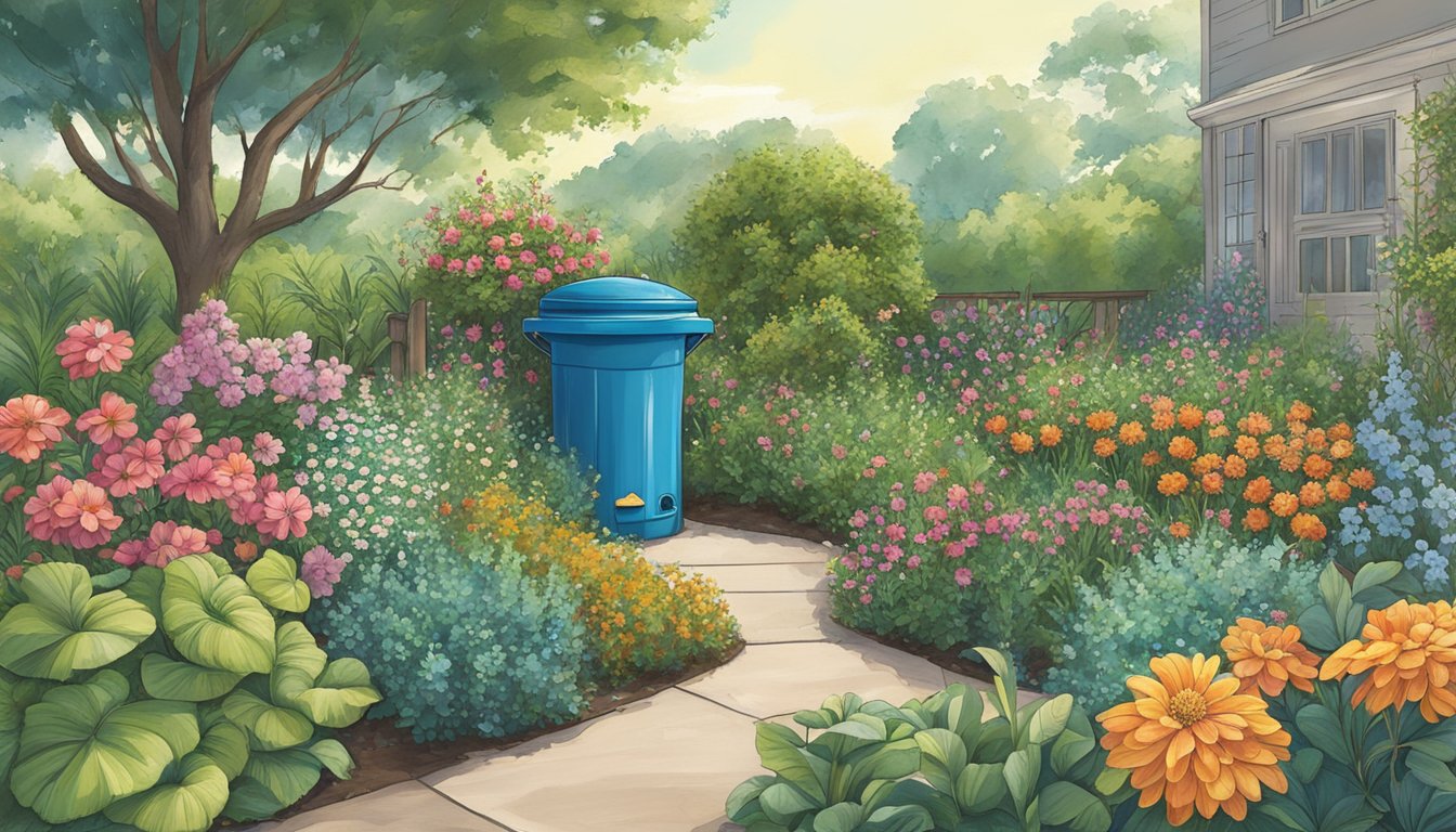 A lush garden with a compost bin, surrounded by various plants and flowers, with a clear blue sky overhead in League City, TX