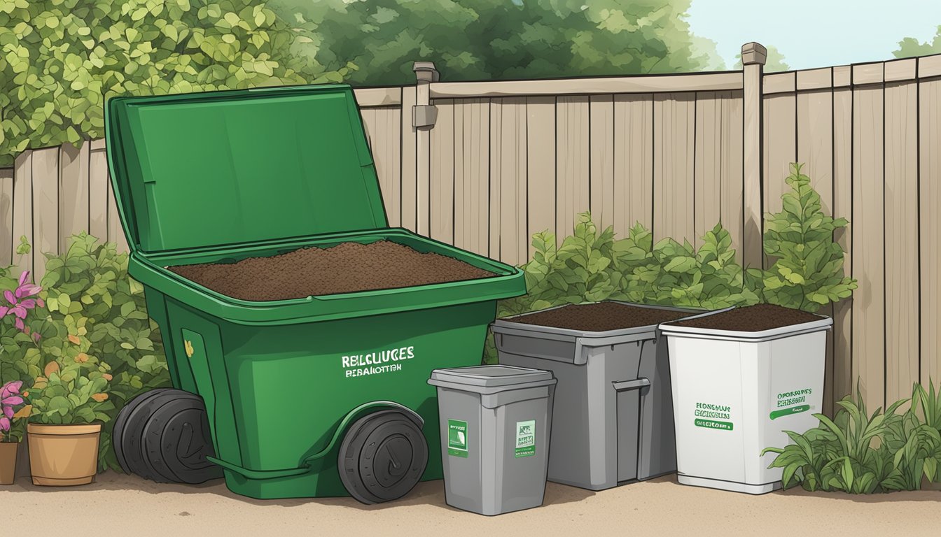 A backyard compost bin surrounded by greenery and labeled bins for different types of compostable materials, with a copy of the Local Resources and Regulations guide nearby