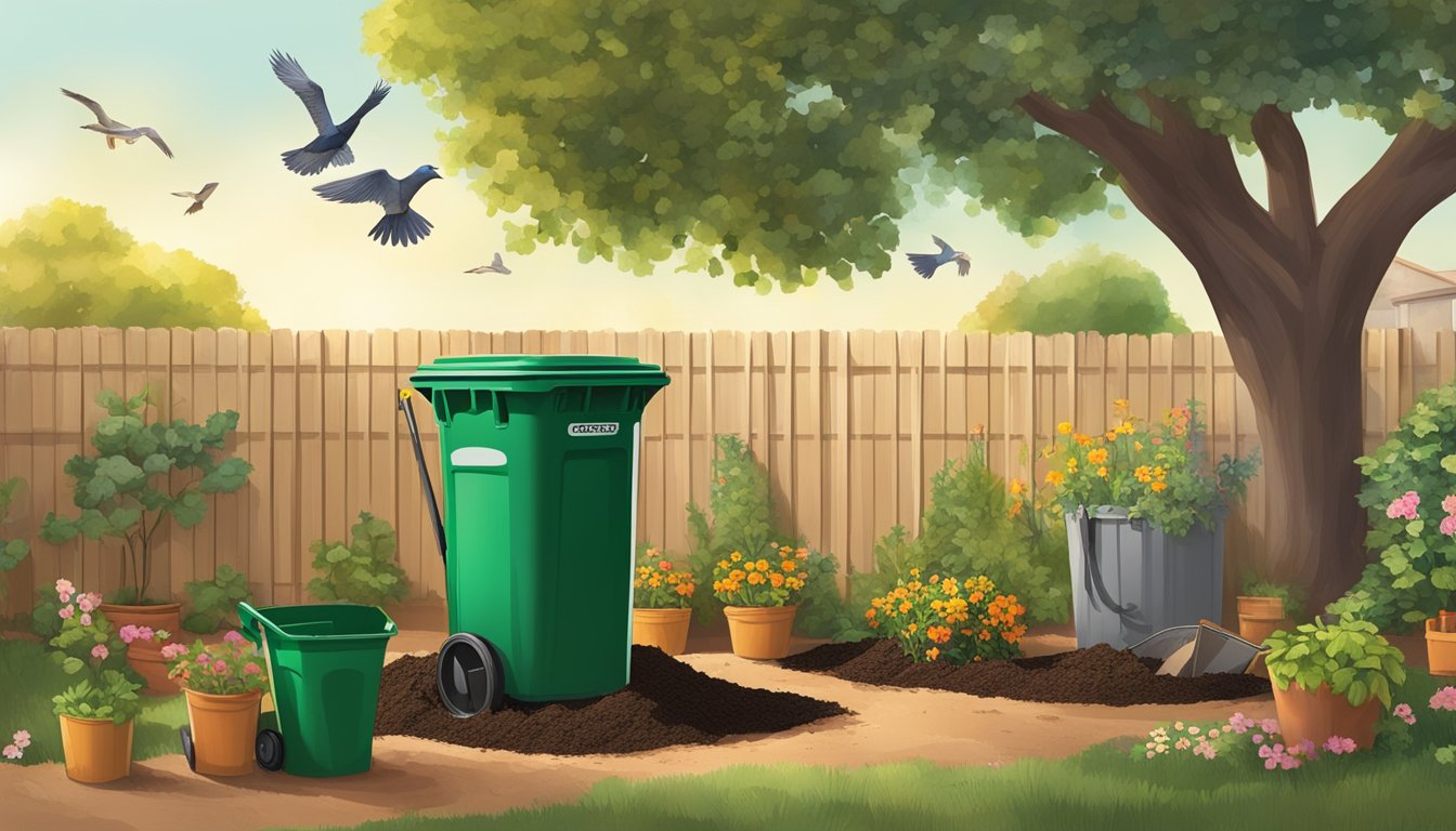 A backyard in Odessa, TX with a compost bin, garden tools, and a variety of organic waste being added to the bin. The sun is shining and there are a few birds flying overhead