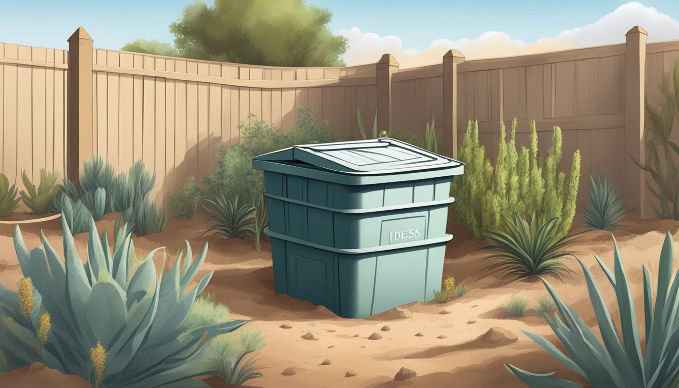 A backyard compost bin surrounded by dry desert plants in Odessa, TX