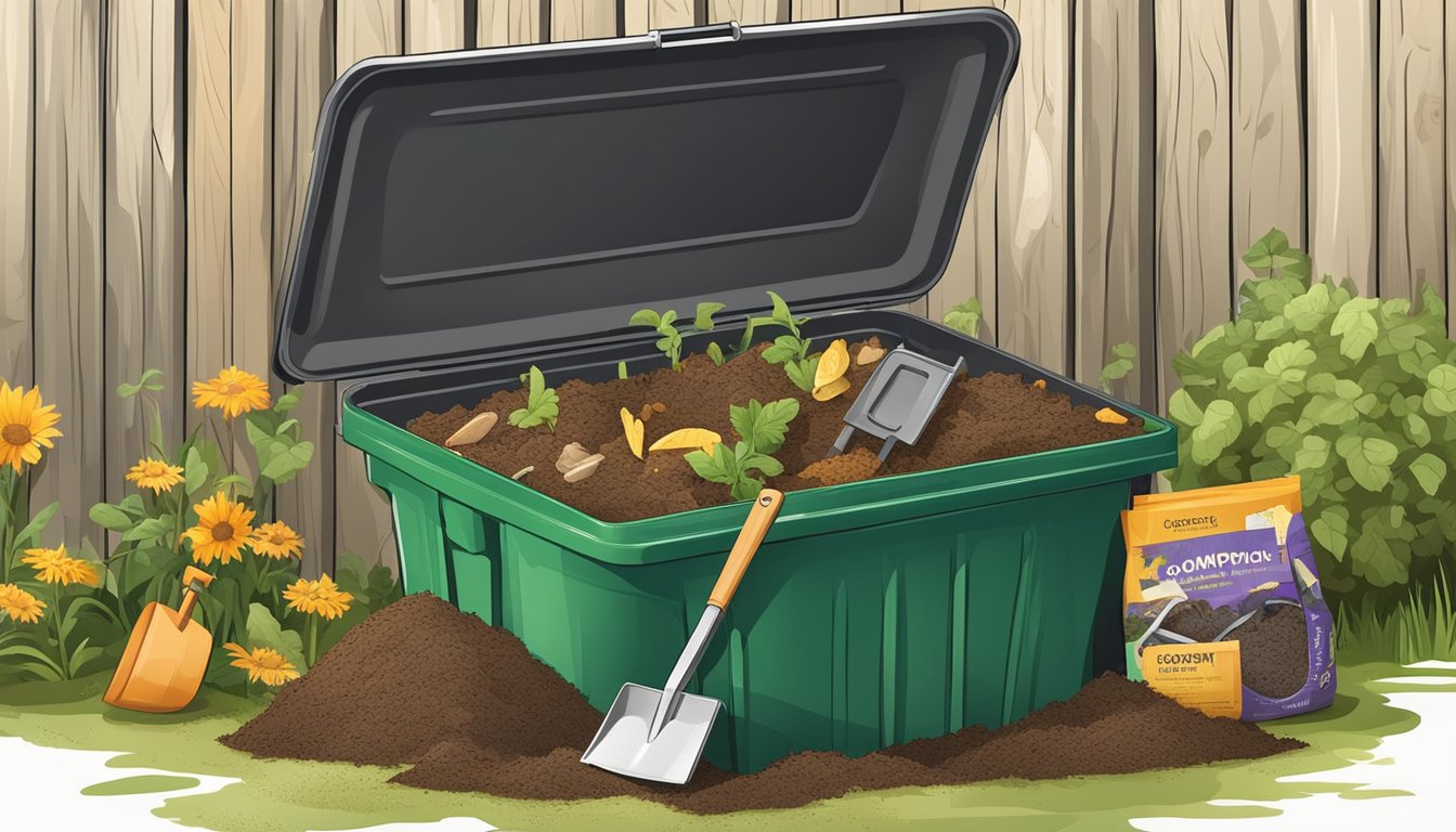 A backyard compost bin surrounded by various organic waste materials and a shovel, with a guidebook on composting open nearby