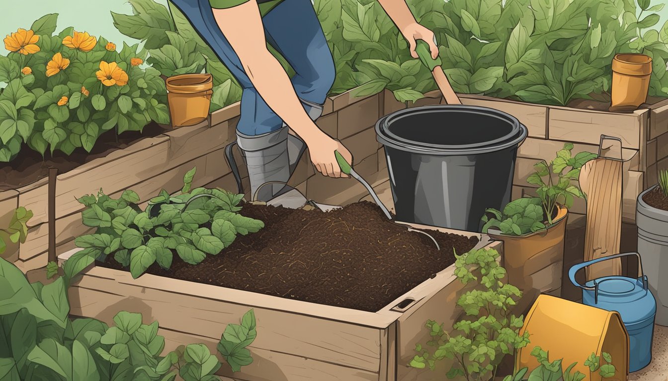 A backyard compost bin surrounded by greenery and garden tools in Grand Prairie, TX. A person is adding kitchen scraps to the compost