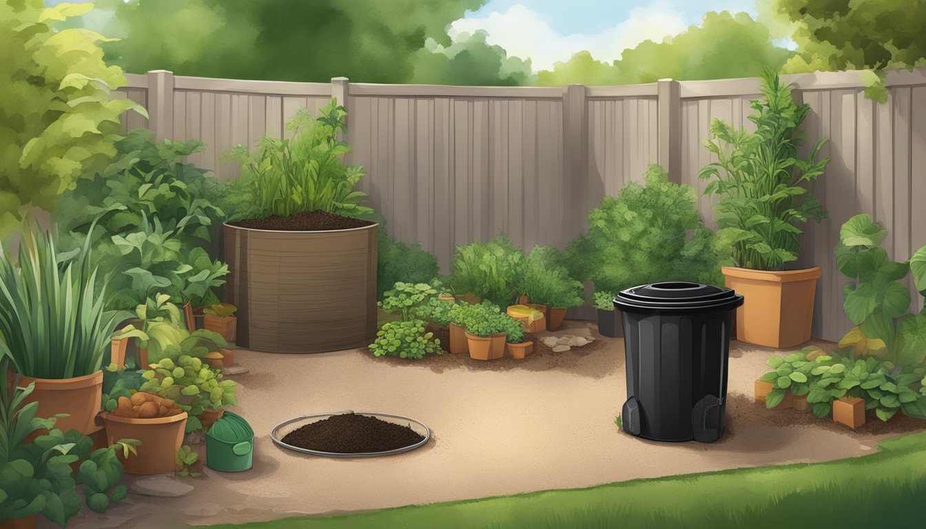 A backyard in McAllen, TX with a compost bin surrounded by green plants and a variety of organic materials such as food scraps, leaves, and grass clippings