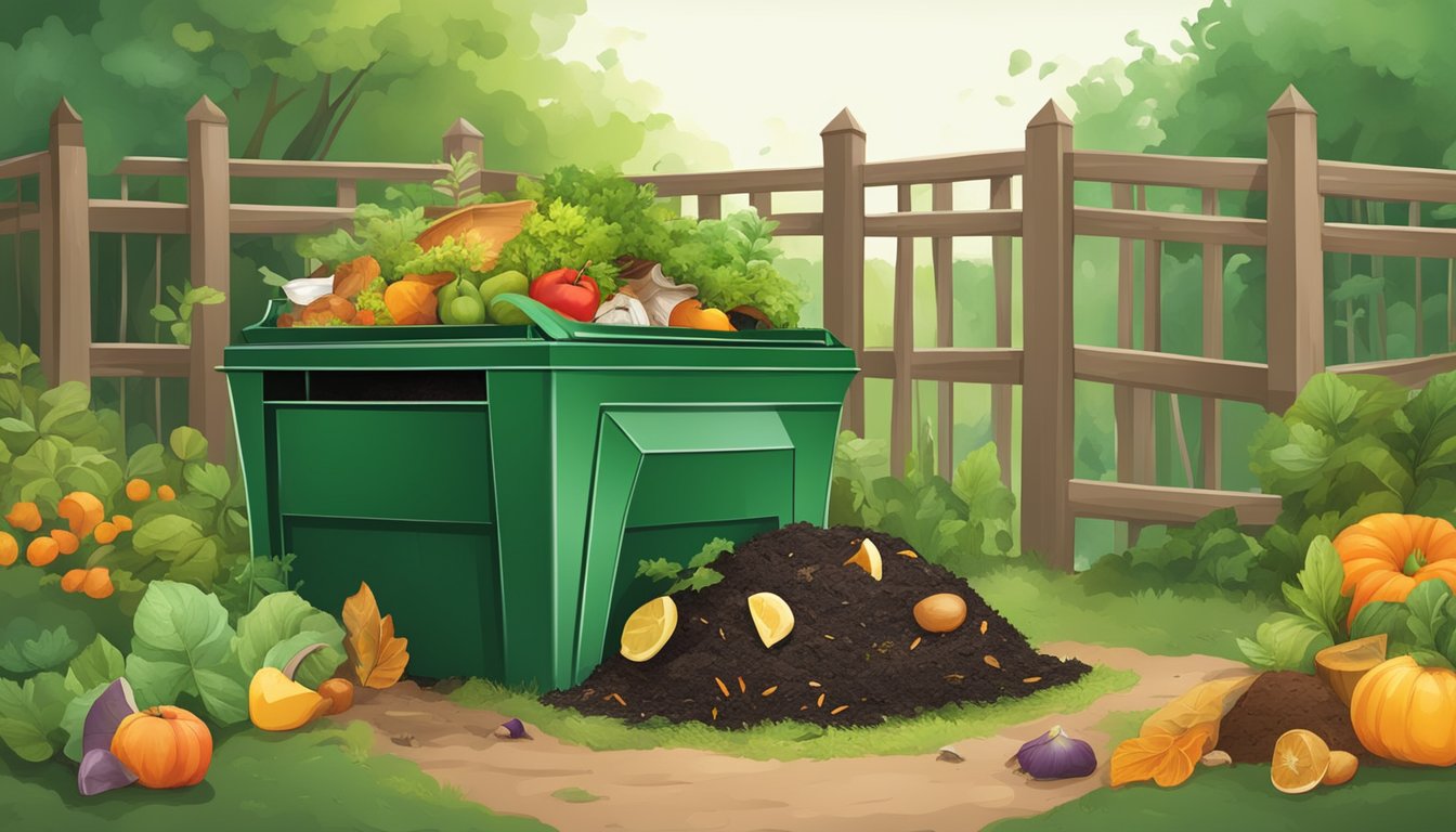 A backyard compost bin surrounded by greenery and a mix of food scraps and yard waste