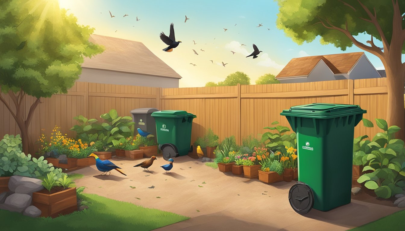 A backyard in McAllen, TX with a compost bin, shovel, and various organic waste materials being added to the bin. The sun is shining and there are birds flying overhead