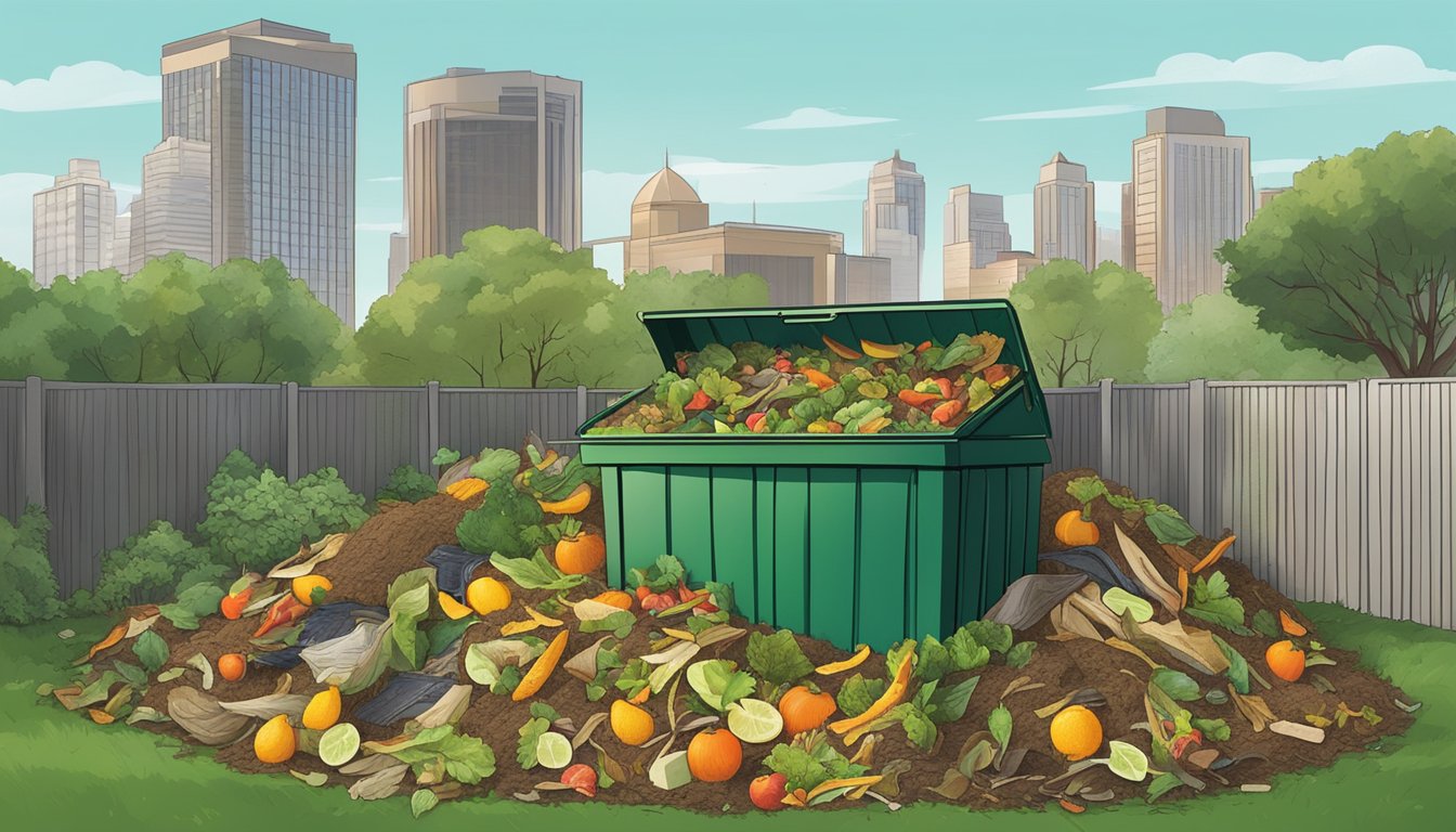 A backyard compost bin surrounded by a variety of organic waste, including fruit peels, vegetable scraps, and yard clippings, with the city of Grand Prairie, TX in the background