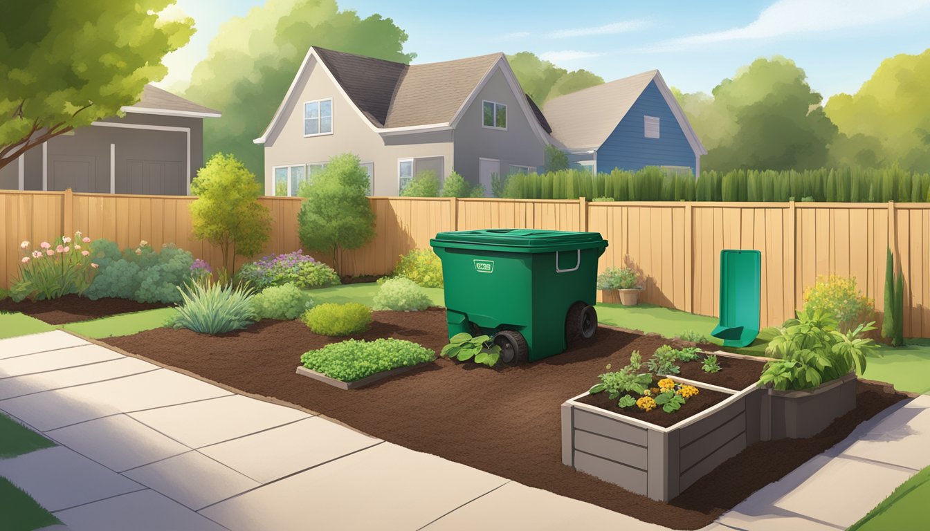 A sunny backyard in Plano, TX, with a compost bin, shovel, and various organic materials being layered inside. A small garden can be seen in the background