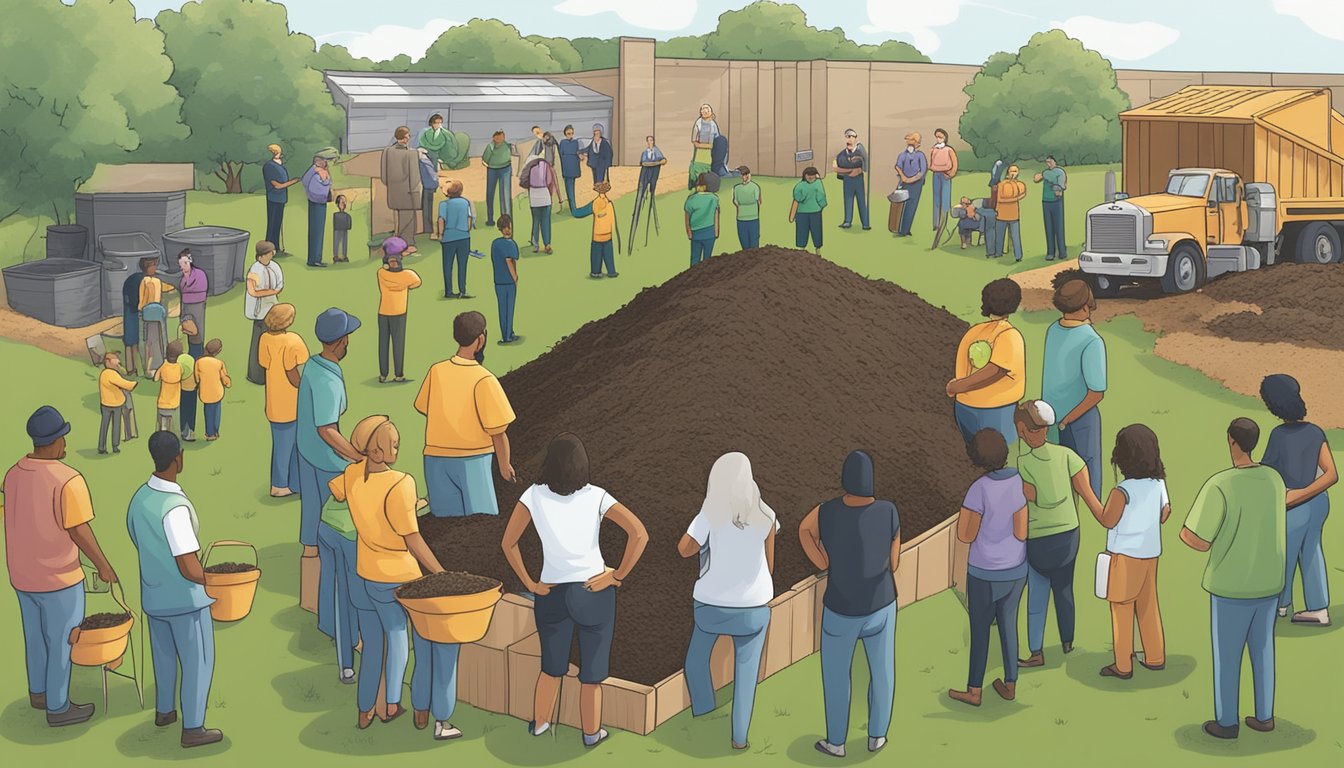 A group of people in Grand Prairie, TX, are gathered around a composting demonstration, learning about the importance of community involvement and education in sustainable waste management