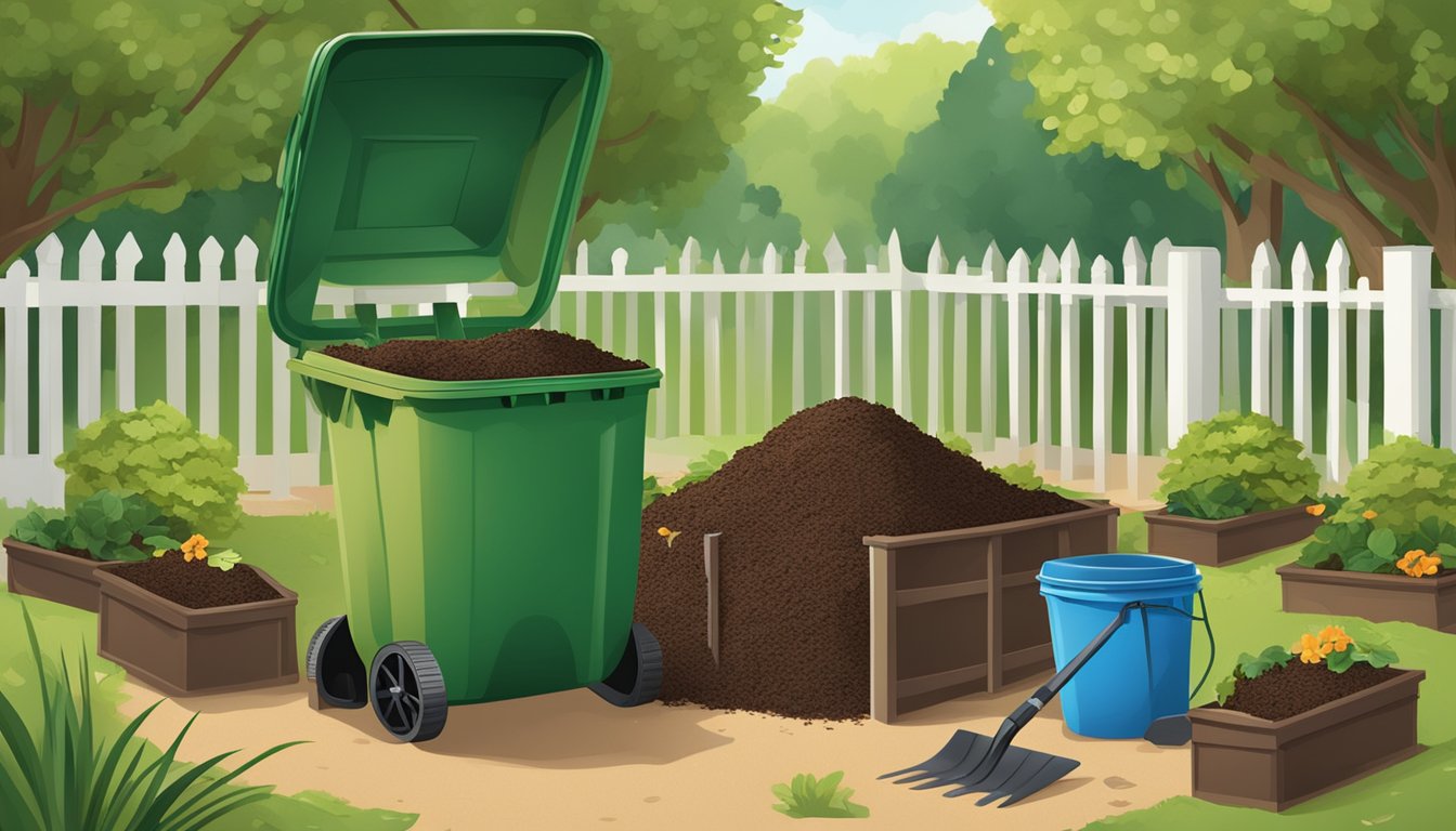 A backyard compost bin in Plano, TX, surrounded by a mix of green and brown waste materials, with a shovel and gardening gloves nearby