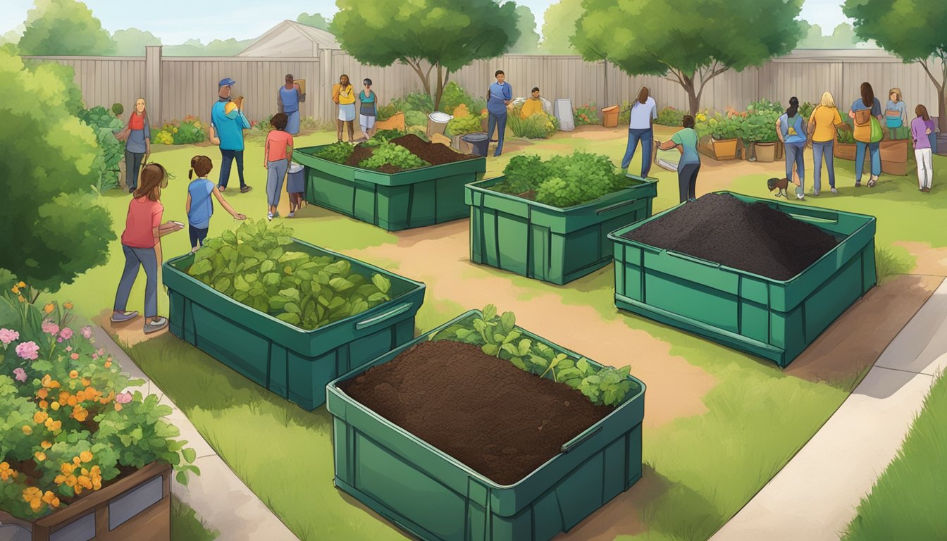 A lush garden in Grand Prairie, TX with various composting bins and piles, surrounded by people engaged in composting activities