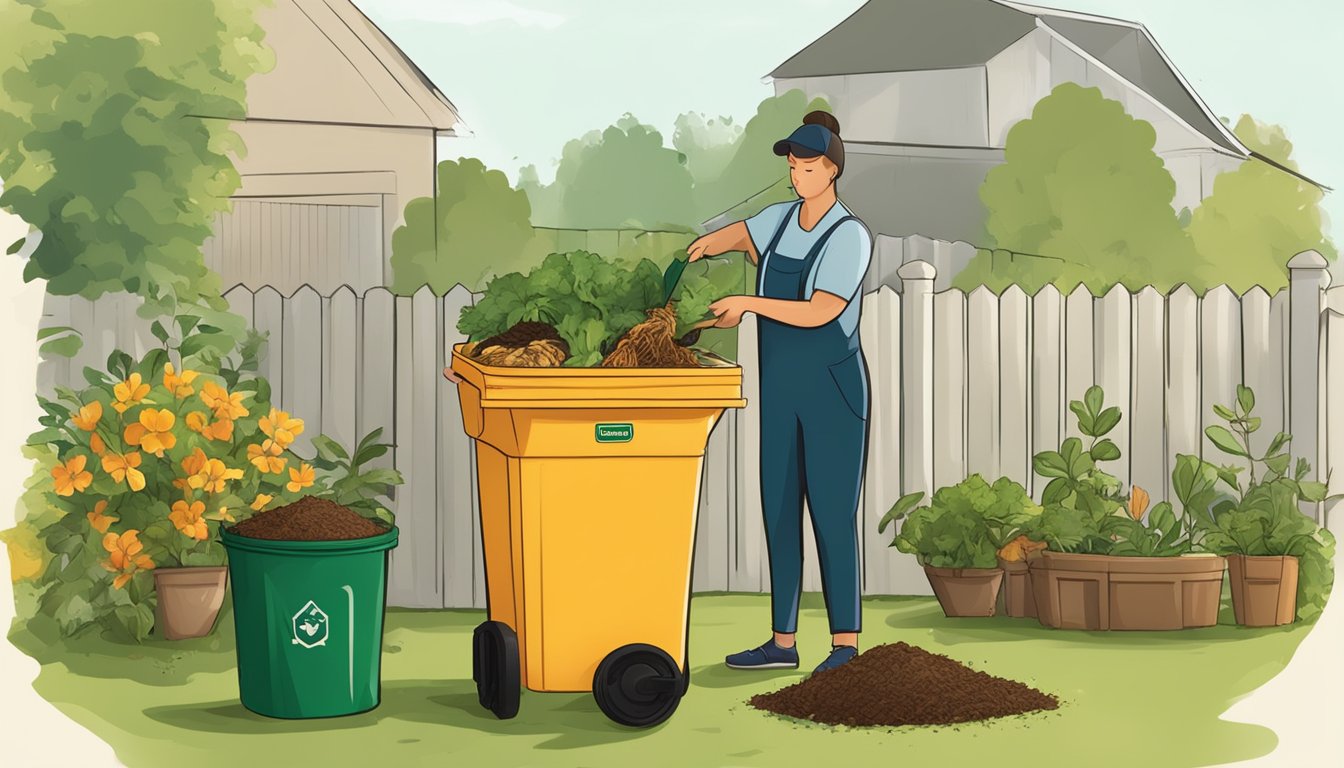 A person placing food scraps and yard waste into a compost bin in a backyard garden