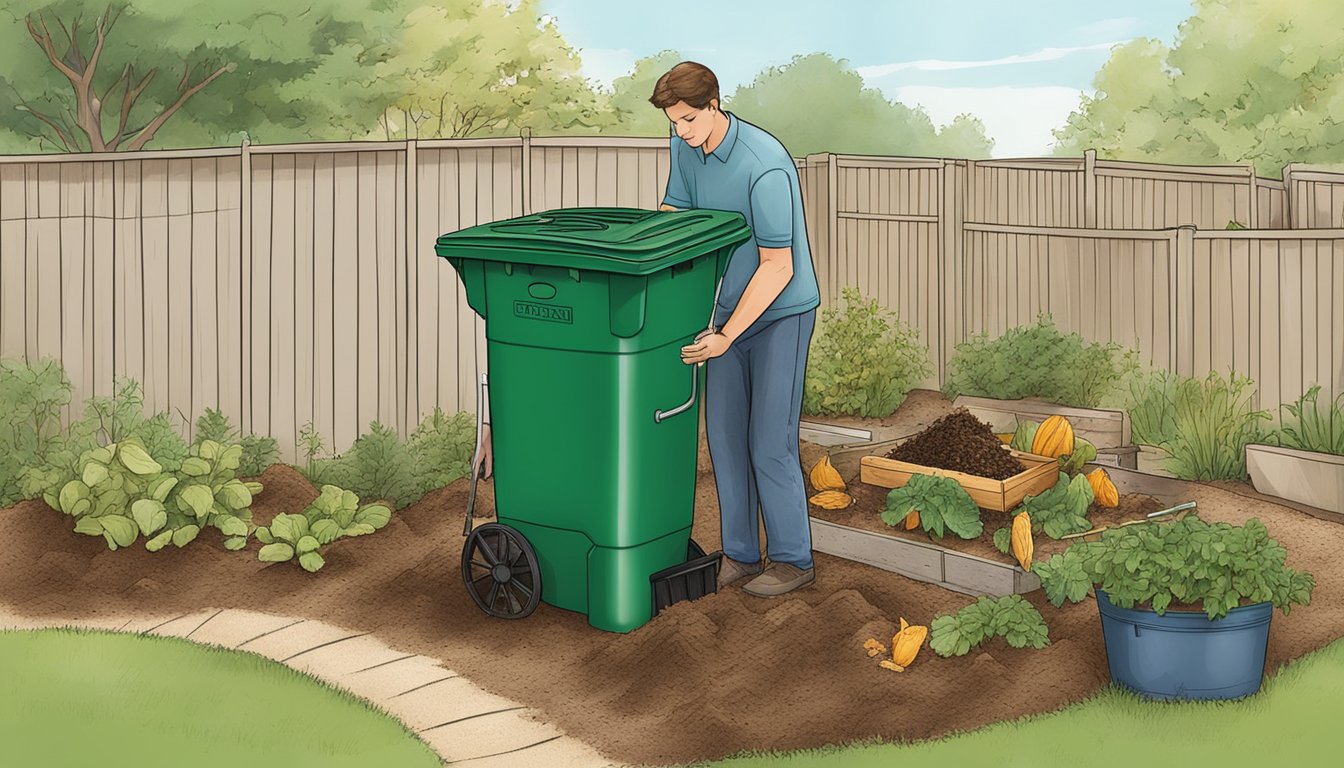 A person adding food scraps and yard waste to a compost bin in a backyard garden in Plano, TX