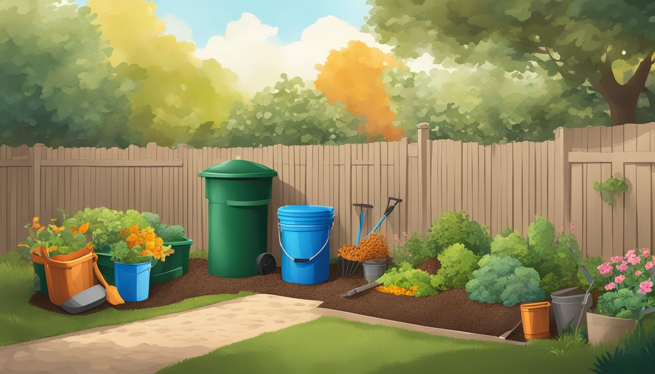 A backyard in Plano, TX with a compost bin surrounded by gardening tools and a variety of organic waste materials