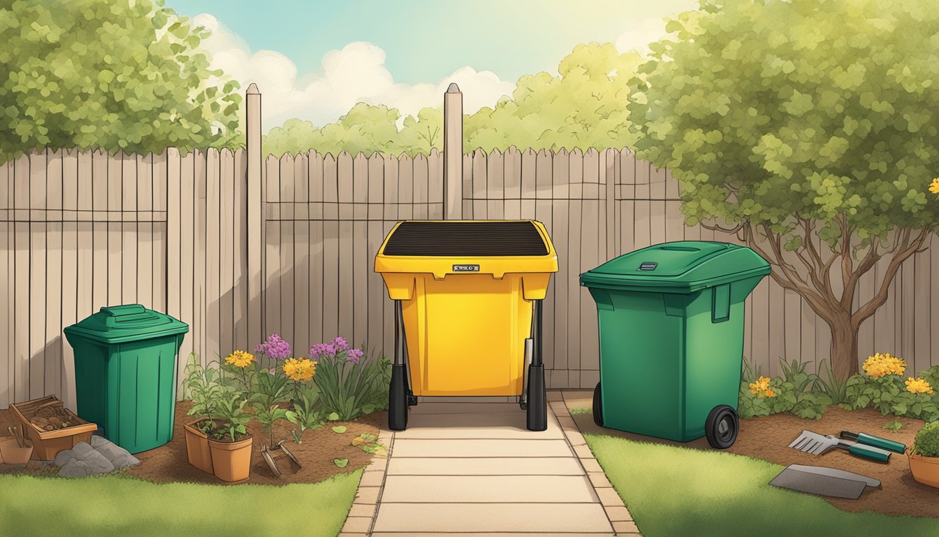 A sunny backyard with a compost bin, garden tools, and a guidebook open to a page about composting in Plano, TX