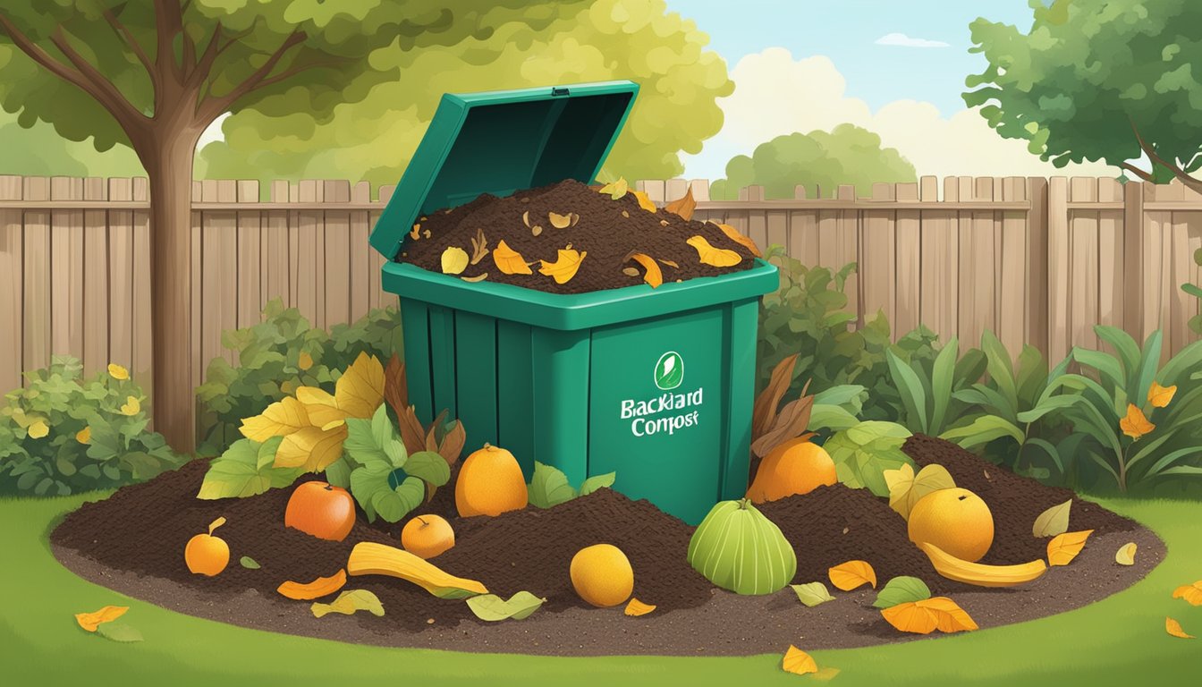 A backyard compost bin surrounded by a variety of organic materials such as fruit peels, coffee grounds, and dry leaves. The bin is positioned in a sunny area with a garden hose nearby