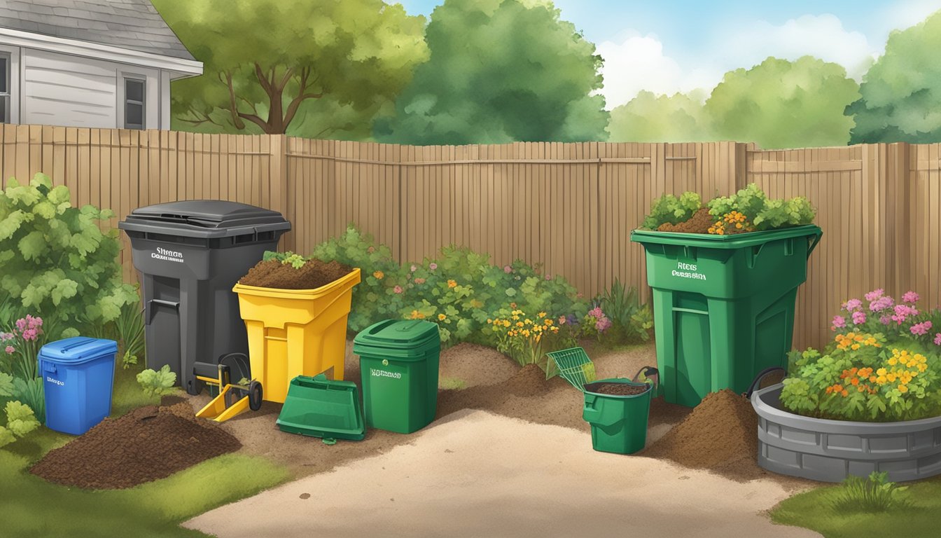 A backyard in Killeen, TX with a compost bin, garden tools, and a variety of organic waste being added to the bin