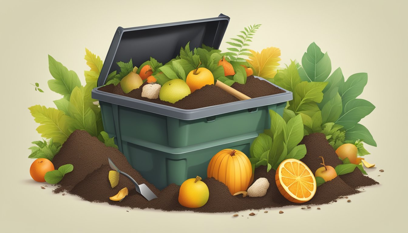 A backyard compost bin surrounded by a variety of organic materials, such as fruit scraps, leaves, and grass clippings, with a shovel nearby