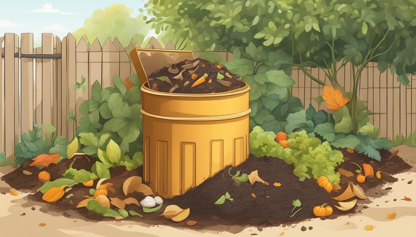 A backyard compost bin surrounded by a variety of organic waste, including vegetable scraps, coffee grounds, and fallen leaves. The bin is positioned in a sunny area with a shovel nearby for turning the compost