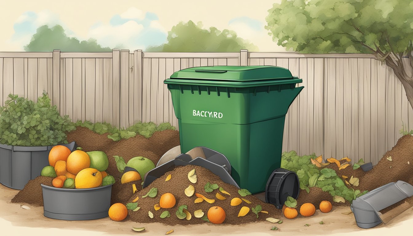 A backyard composting setup with a bin, shovel, and various organic waste materials like fruit peels and yard clippings in San Antonio, TX