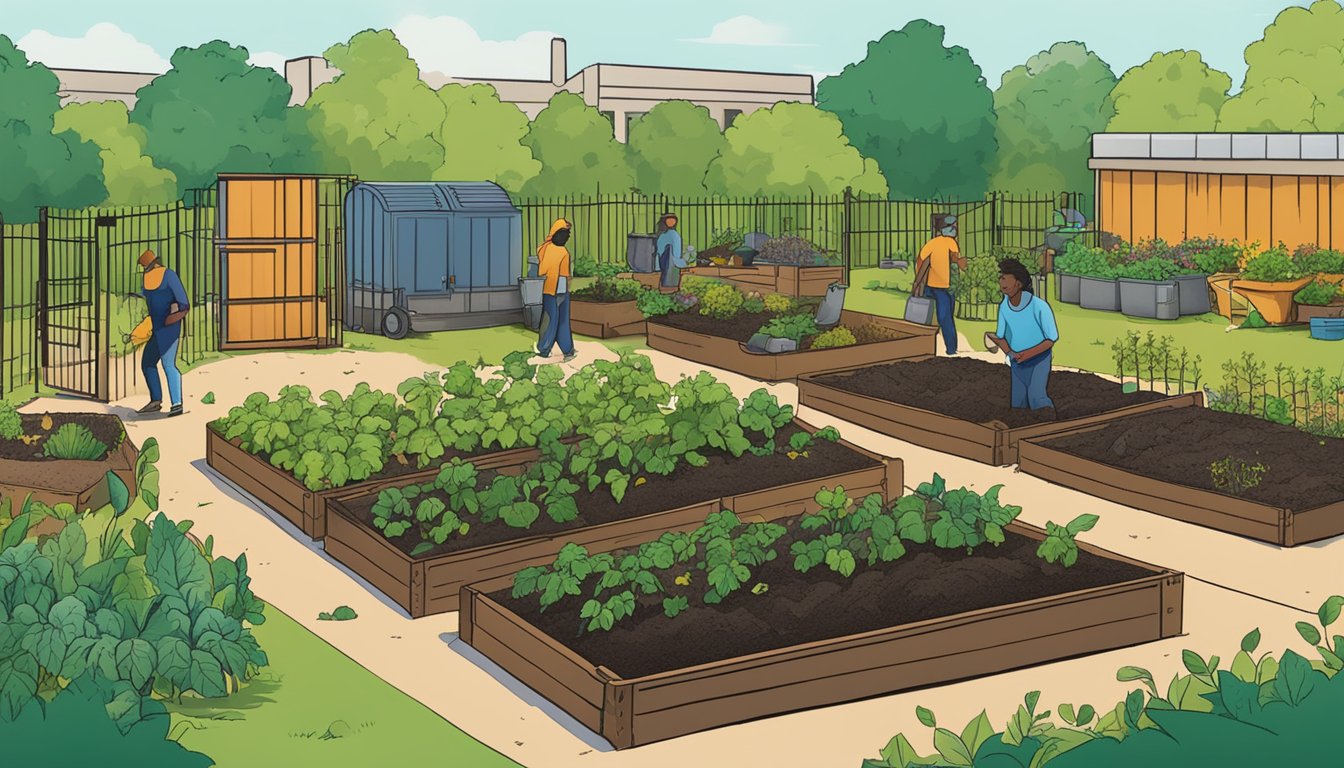 A bustling community garden in Killeen, TX, with diverse compost bins and a variety of organic waste being turned into nutrient-rich soil